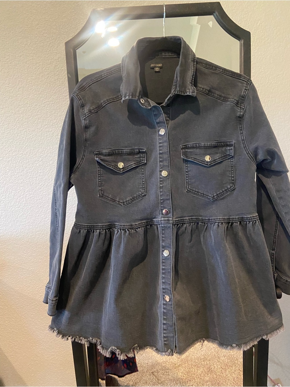 Dark Washed Denim Peplum Button-Up Jacket